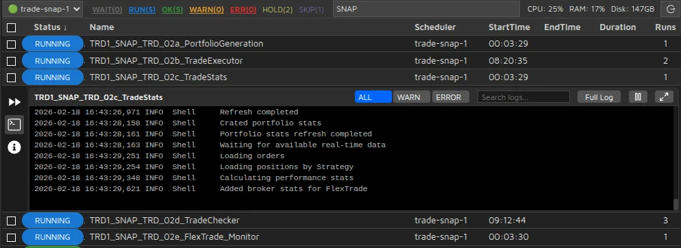 Scheduler showing running jobs with live logs